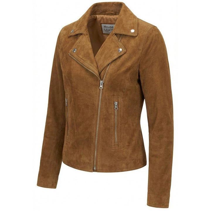 Women's Genuine Goat Suede Biker Jacket Lola Cognac