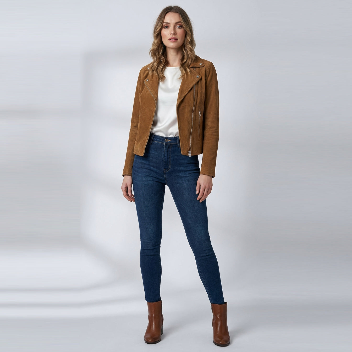 Womens Soft Goat Suede Cross Zip Biker Jacket Cognac| House of Leather