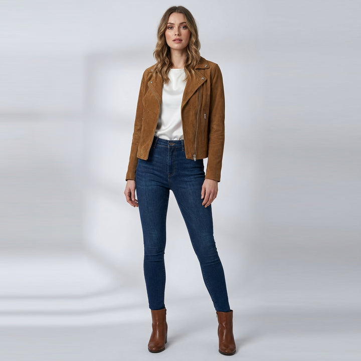 Women's Genuine Goat Suede Biker Jacket Lola Cognac