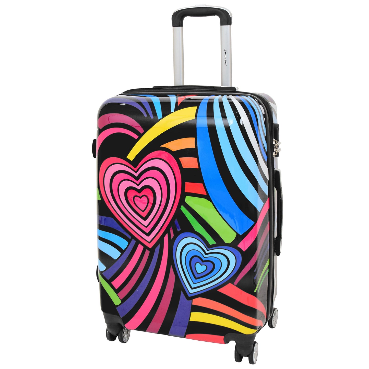 Four Wheels Multi Hearts Printed Suitcase Cosmos Black 8