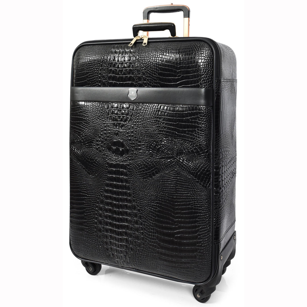 Luxury PU Leather Croc-Print Luggage Hybrid Shell Suitcases Lightweight Spinner & Stabilizer Wheels Black Elite 9