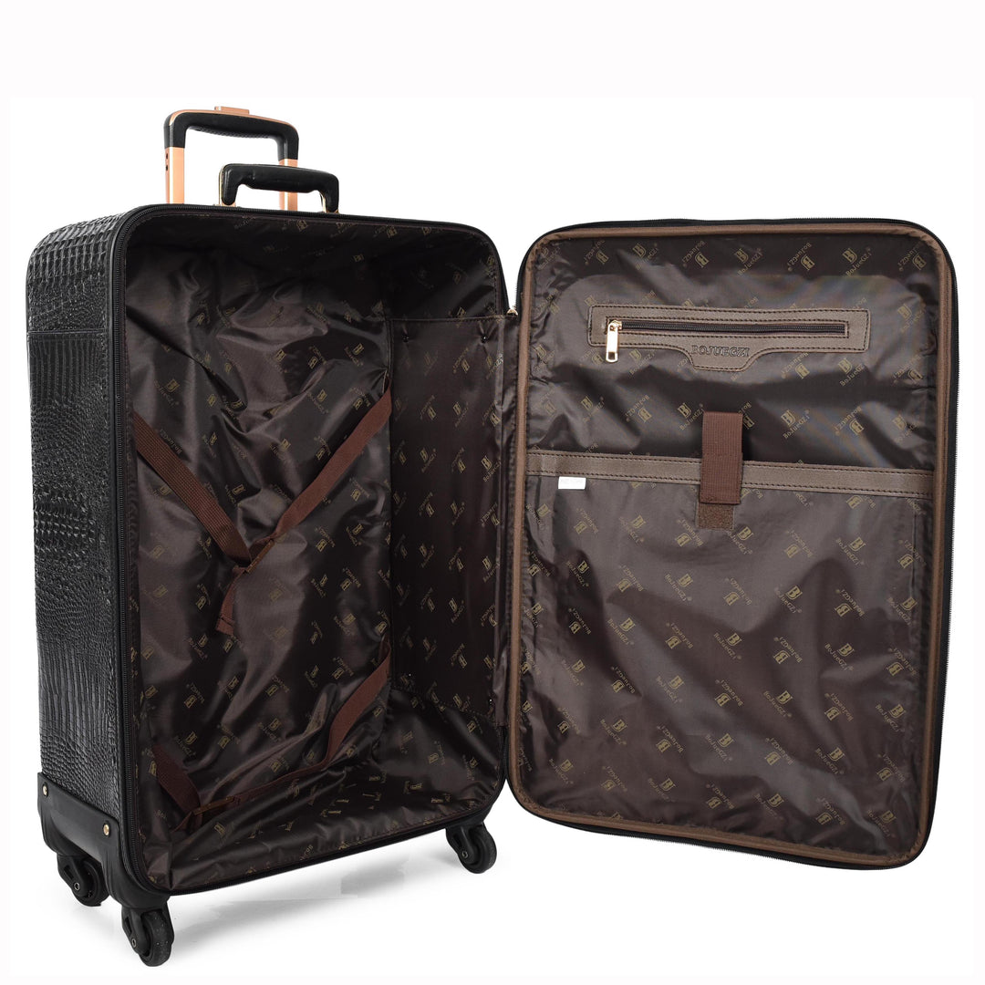 Luxury PU Leather Croc-Print Luggage Hybrid Shell Suitcases Lightweight Spinner & Stabilizer Wheels Black Elite 12