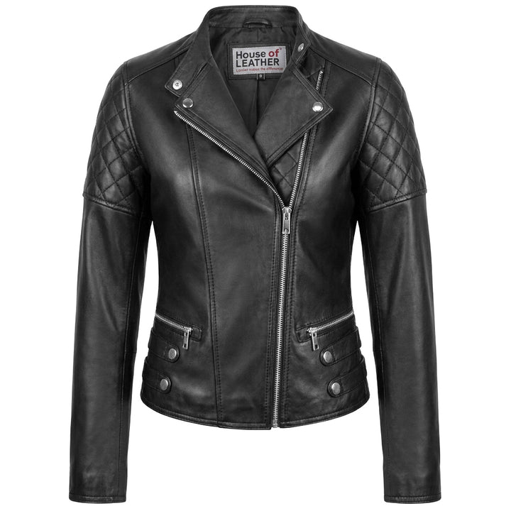 Womens Real Leather Biker Jacket Classic Cross Zip Style Molly Black