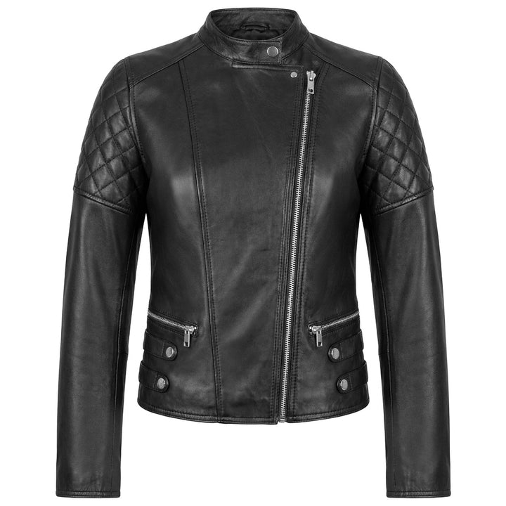 Womens Real Leather Biker Jacket Classic Cross Zip Style Molly Black