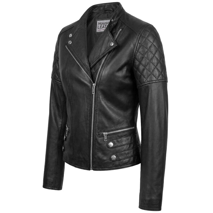 Womens Real Leather Biker Jacket Classic Cross Zip Style Molly Black