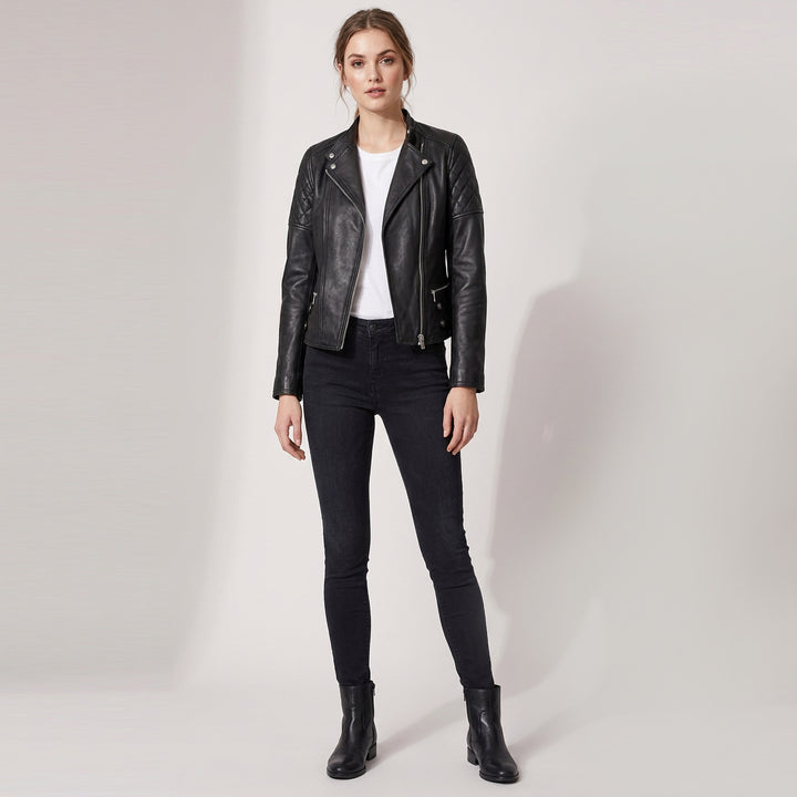 Womens Real Leather Biker Jacket Classic Cross Zip Style Molly Black