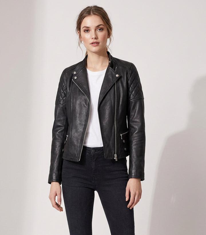 Womens Real Leather Biker Jacket Classic Cross Zip Style Molly Black