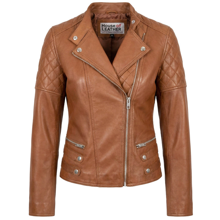Womens Real Leather Biker Jacket Classic Cross Zip Style Molly Chestnut Tan