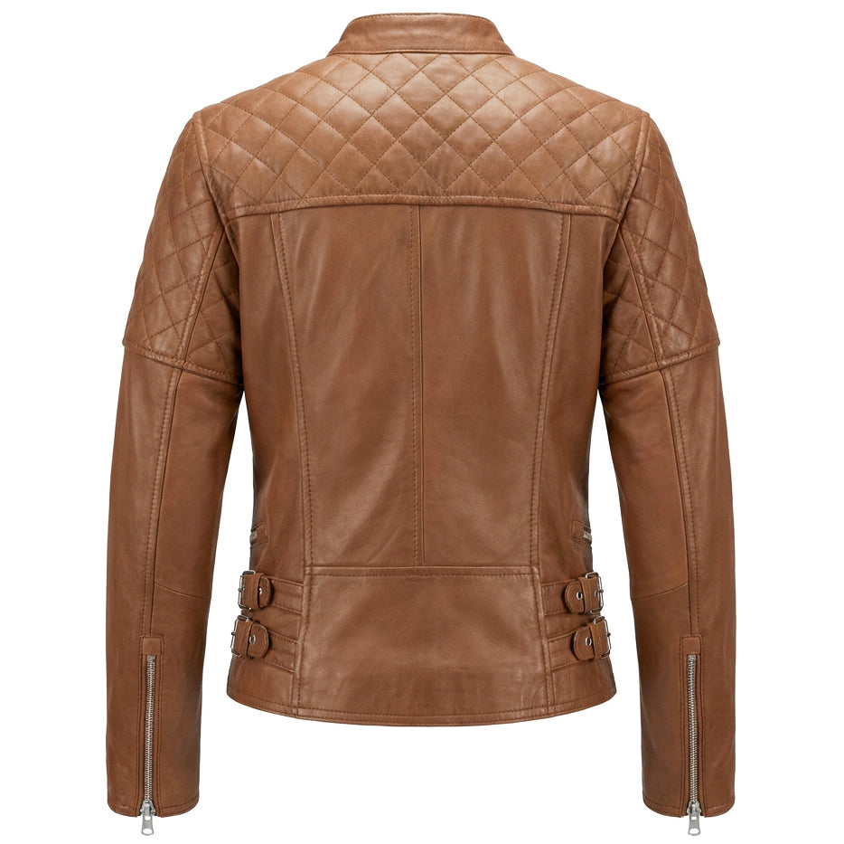Womens Real Leather Biker Jacket Classic Cross Zip Style Molly Chestnut Tan