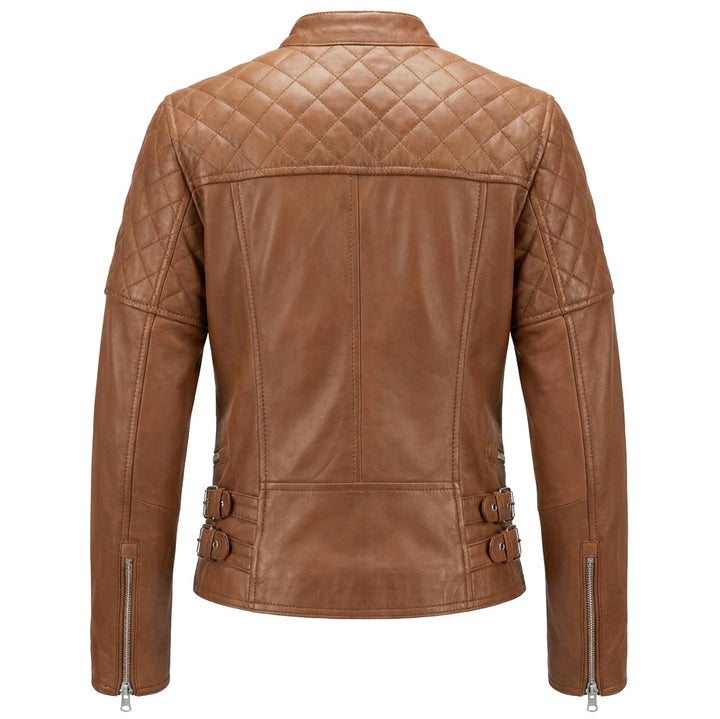 Womens Real Leather Biker Jacket Classic Cross Zip Style Molly Chestnut Tan