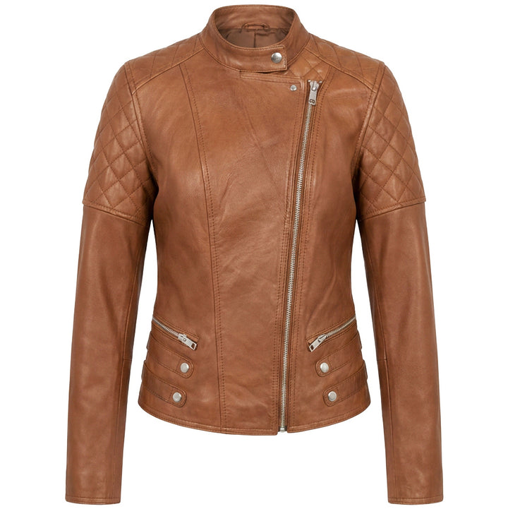 Womens Real Leather Biker Jacket Classic Cross Zip Style Molly Chestnut Tan