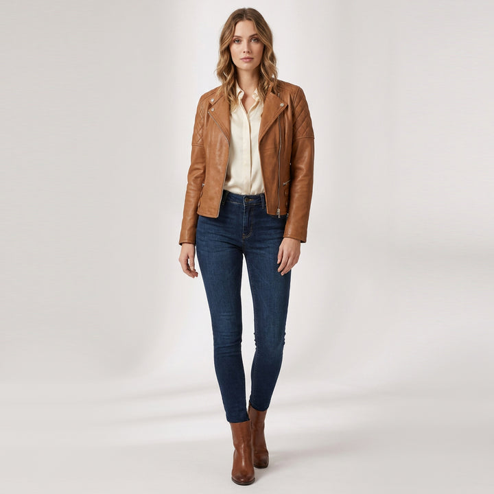 Womens Real Leather Biker Jacket Classic Cross Zip Style Molly Chestnut Tan