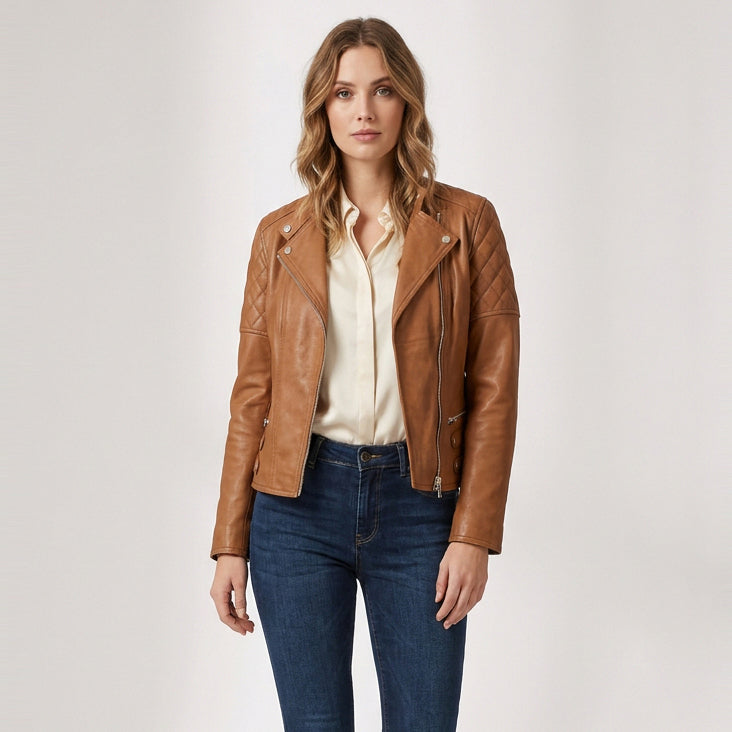 Womens Real Leather Biker Jacket Classic Cross Zip Style Molly Chestnut Tan