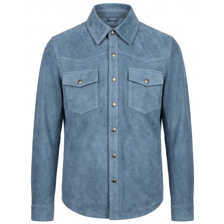 Mens Real Goat Suede Shirt Western Trucker Jacket Oliver Denim Blue