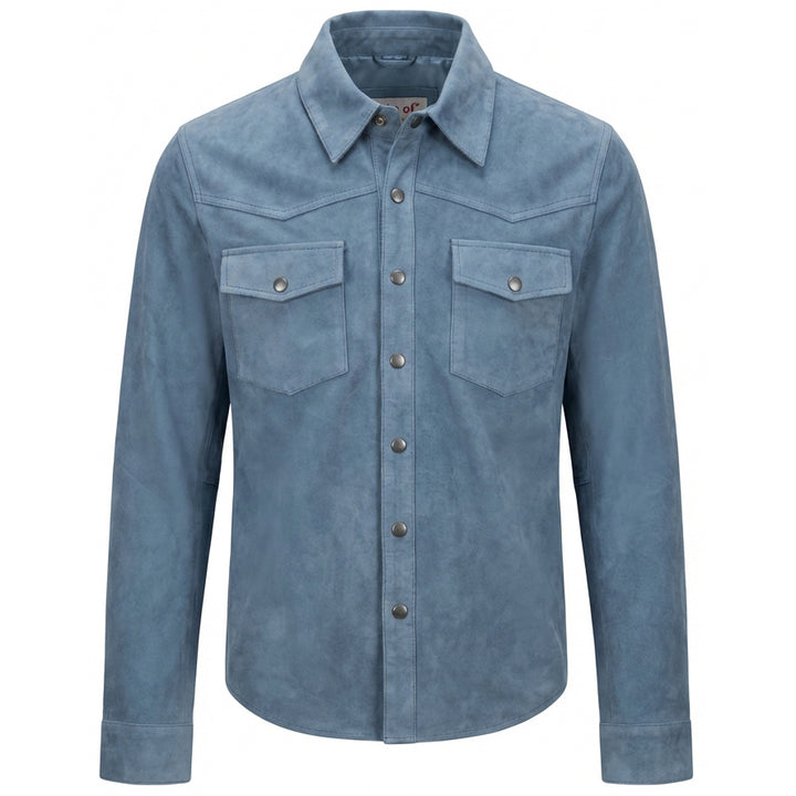Mens Real Goat Suede Shirt Western Trucker Jacket Oliver Denim Blue