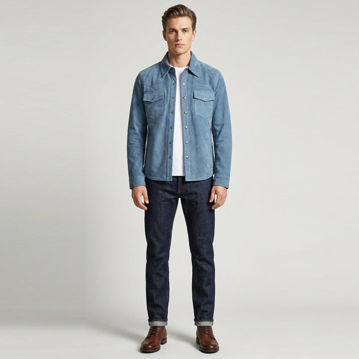 Mens Real Goat Suede Shirt Western Trucker Jacket Oliver Denim Blue