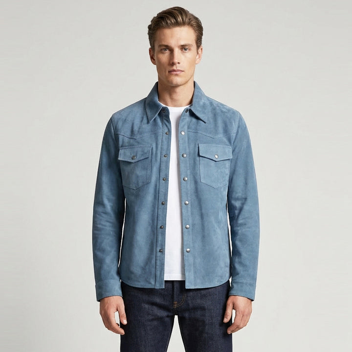Mens Real Goat Suede Shirt Western Trucker Jacket Oliver Denim Blue