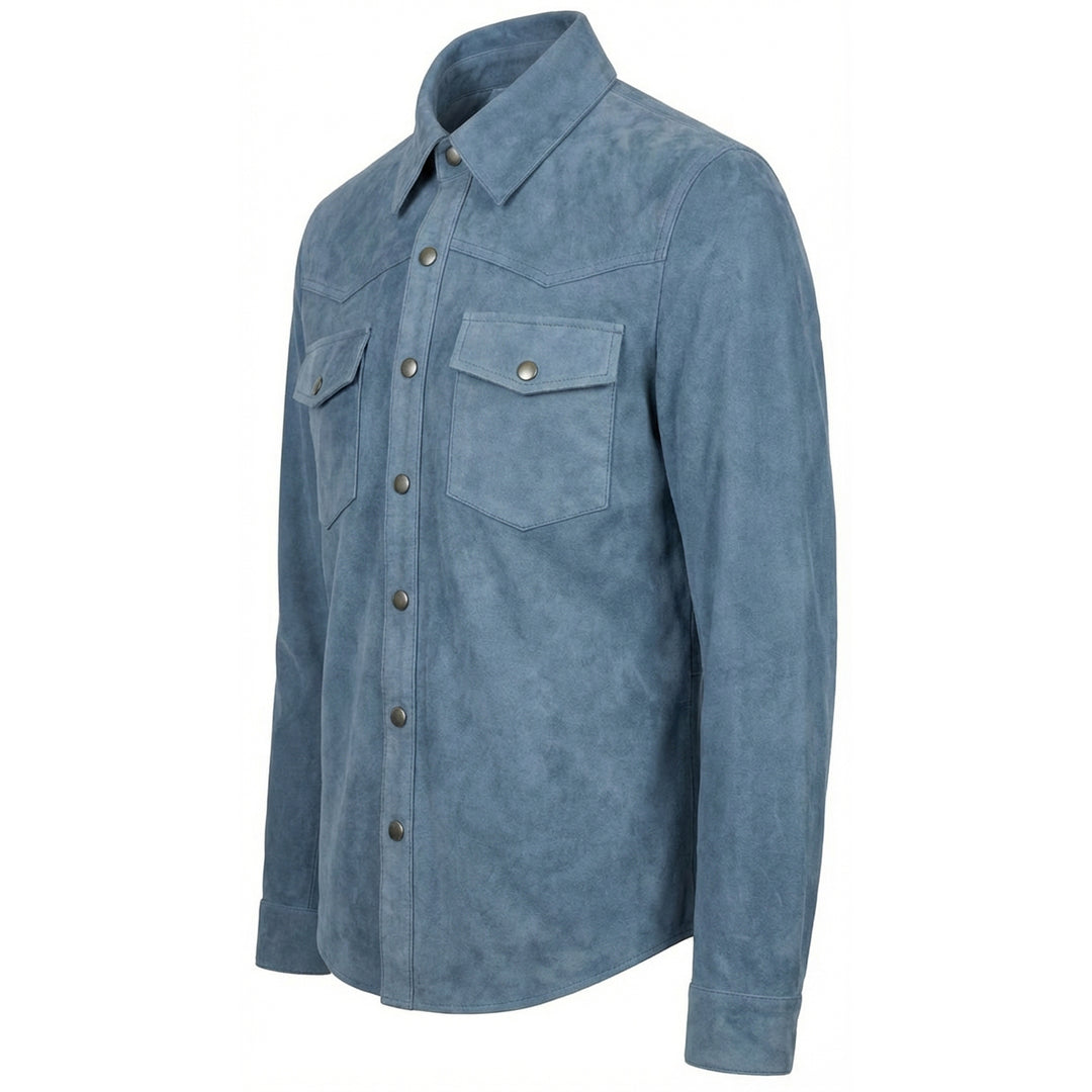 Mens Real Goat Suede Shirt Western Trucker Jacket Oliver Denim Blue