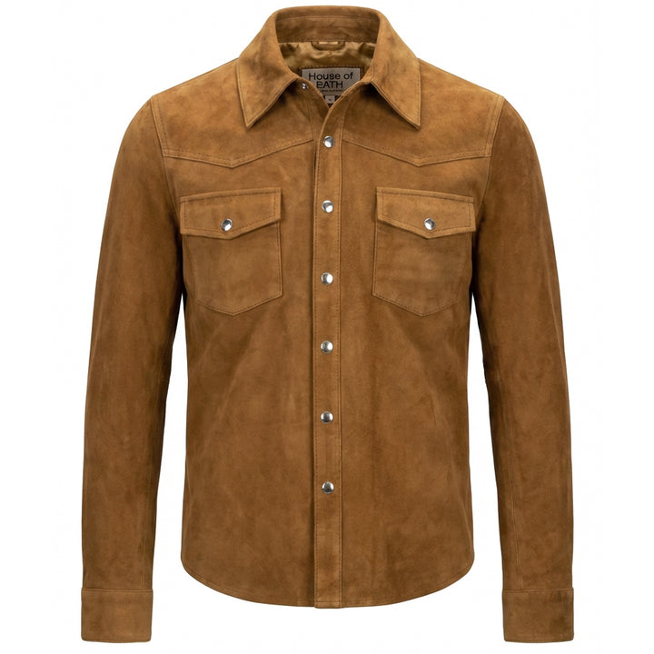 Mens Real Goat Suede Shirt Western Trucker Jacket Oliver Cognac