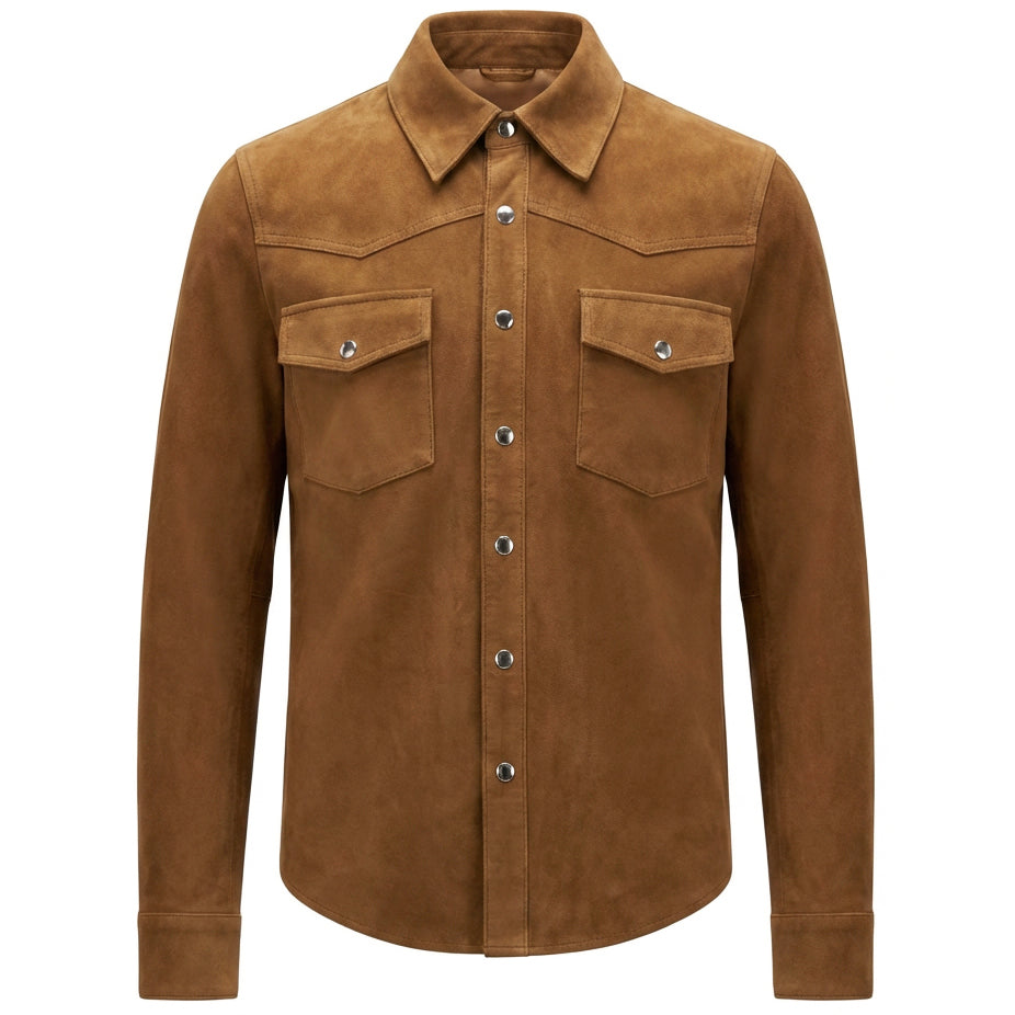 Mens Real Goat Suede Shirt Western Trucker Jacket Oliver Cognac