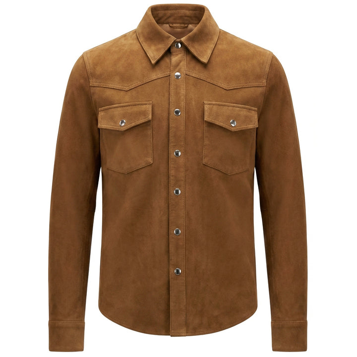 Mens Real Goat Suede Shirt Western Trucker Jacket Oliver Cognac