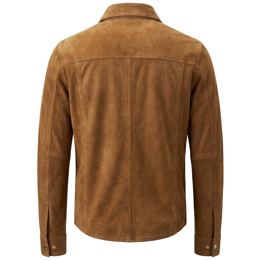 Mens Real Goat Suede Shirt Western Trucker Jacket Oliver Cognac