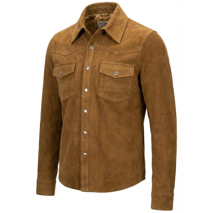 Mens Real Goat Suede Shirt Western Trucker Jacket Oliver Cognac