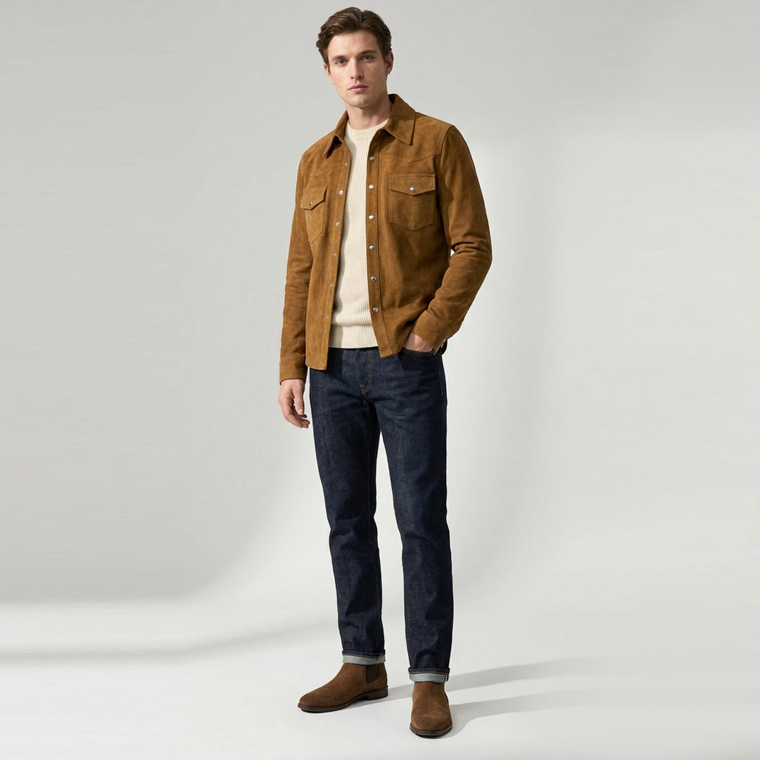 Mens Real Goat Suede Shirt Western Trucker Jacket Oliver Cognac