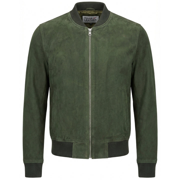 Mens Real Goat Suede Bomber Jacket MA-1 Varsity Design Ryan Olive Green