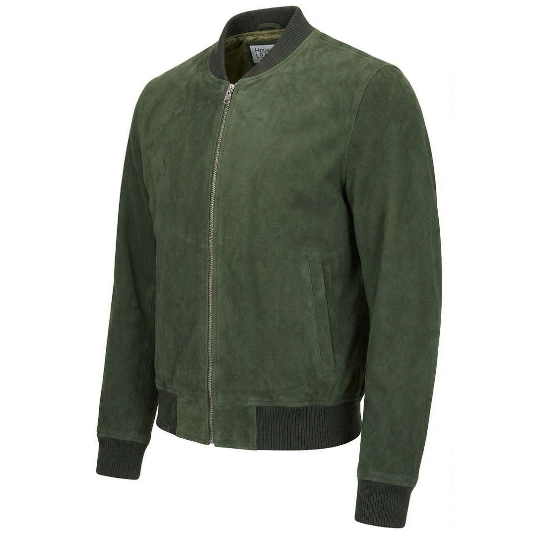 Mens Real Goat Suede Bomber Jacket MA-1 Varsity Design Ryan Olive Green