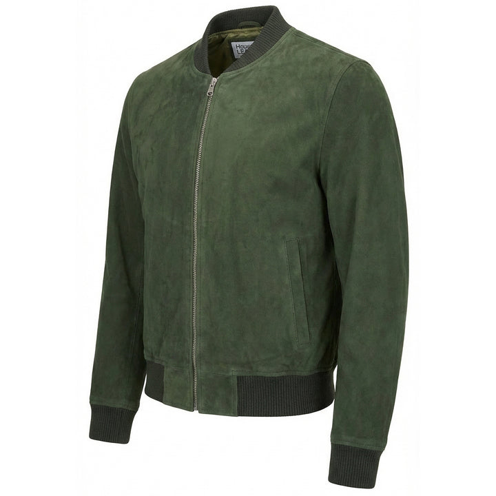 Mens Real Goat Suede Bomber Jacket MA-1 Varsity Design Ryan Olive Green