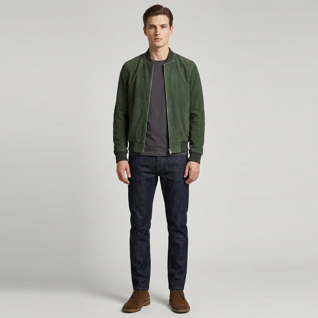 Mens Real Goat Suede Bomber Jacket MA-1 Varsity Design Ryan Olive Green