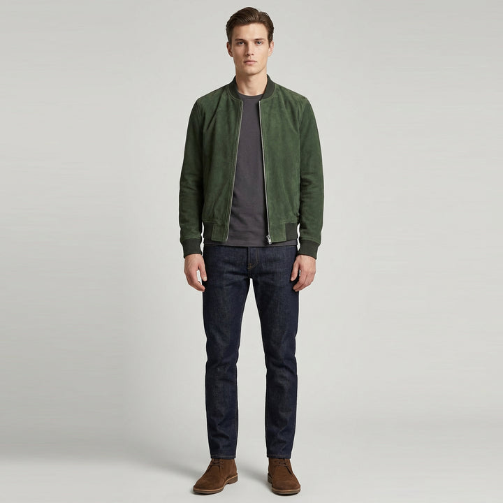 Mens Real Goat Suede Bomber Jacket MA-1 Varsity Design Ryan Olive Green