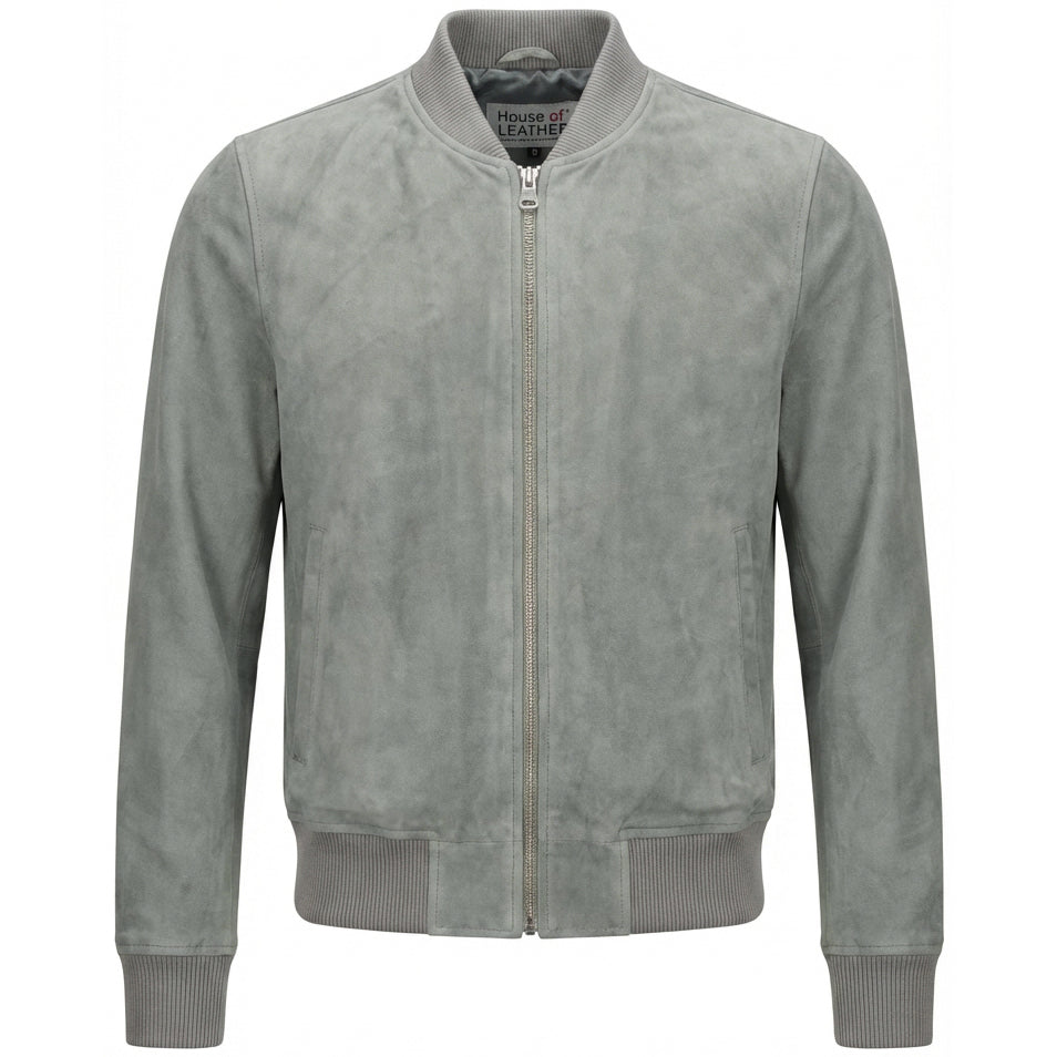 Mens Real Goat Suede Bomber Jacket MA-1 Varsity Design Ryan Grey