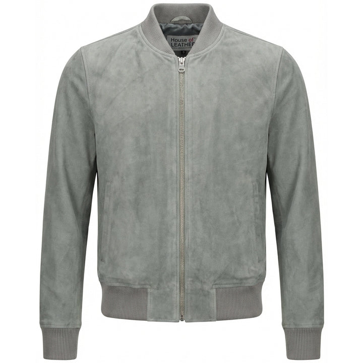 Mens Real Goat Suede Bomber Jacket MA-1 Varsity Design Ryan Grey