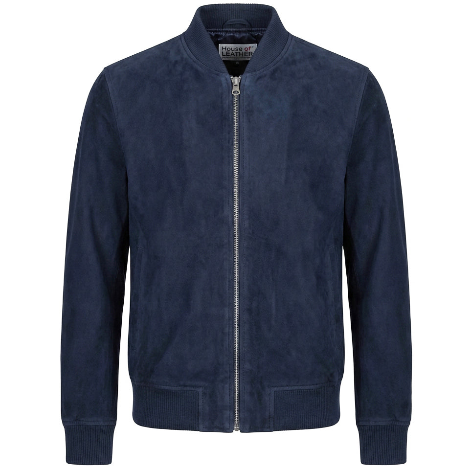 Mens Real Goat Suede Bomber Jacket MA-1 Varsity Design Ryan Navy Blue