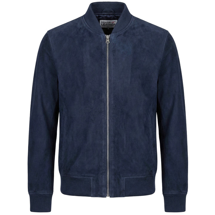 Mens Real Goat Suede Bomber Jacket MA-1 Varsity Design Ryan Navy Blue