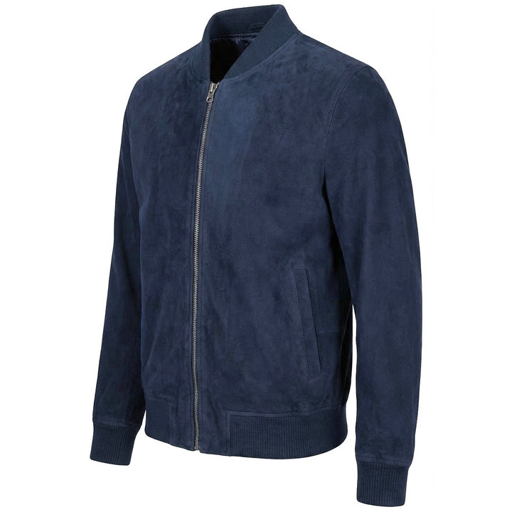 Mens Real Goat Suede Bomber Jacket MA-1 Varsity Design Ryan Navy Blue