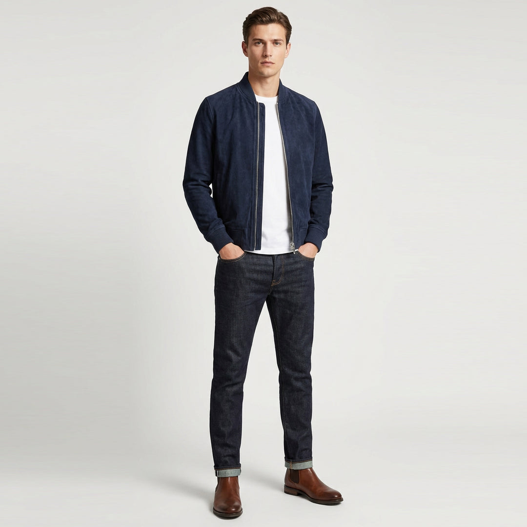Mens Real Goat Suede Bomber Jacket MA-1 Varsity Design Ryan Navy Blue