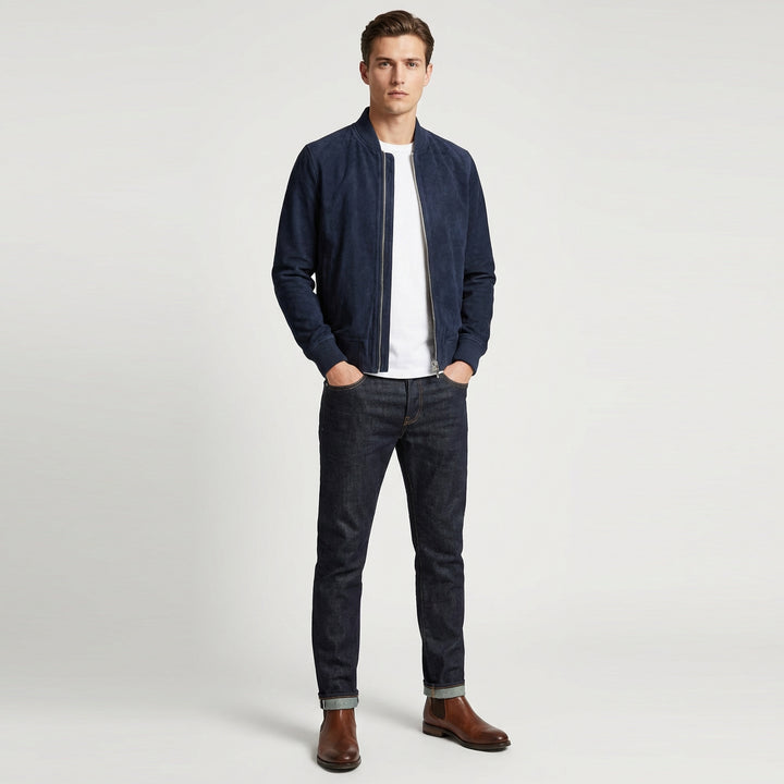 Mens Real Goat Suede Bomber Jacket MA-1 Varsity Design Ryan Navy Blue