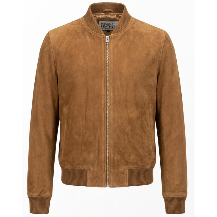 Mens Real Goat Suede Bomber Jacket MA-1 Varsity Design Ryan Cognac