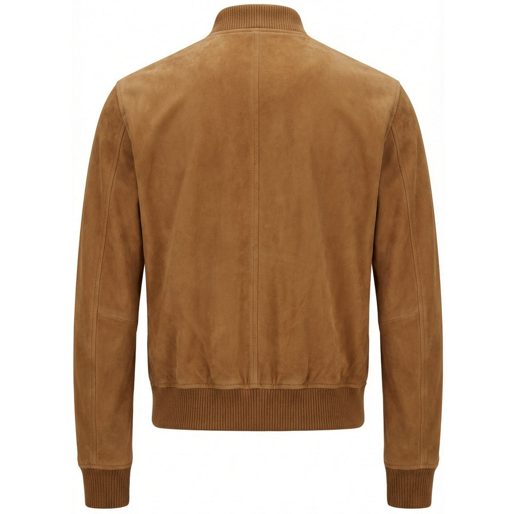 Mens Real Goat Suede Bomber Jacket MA-1 Varsity Design Ryan Cognac