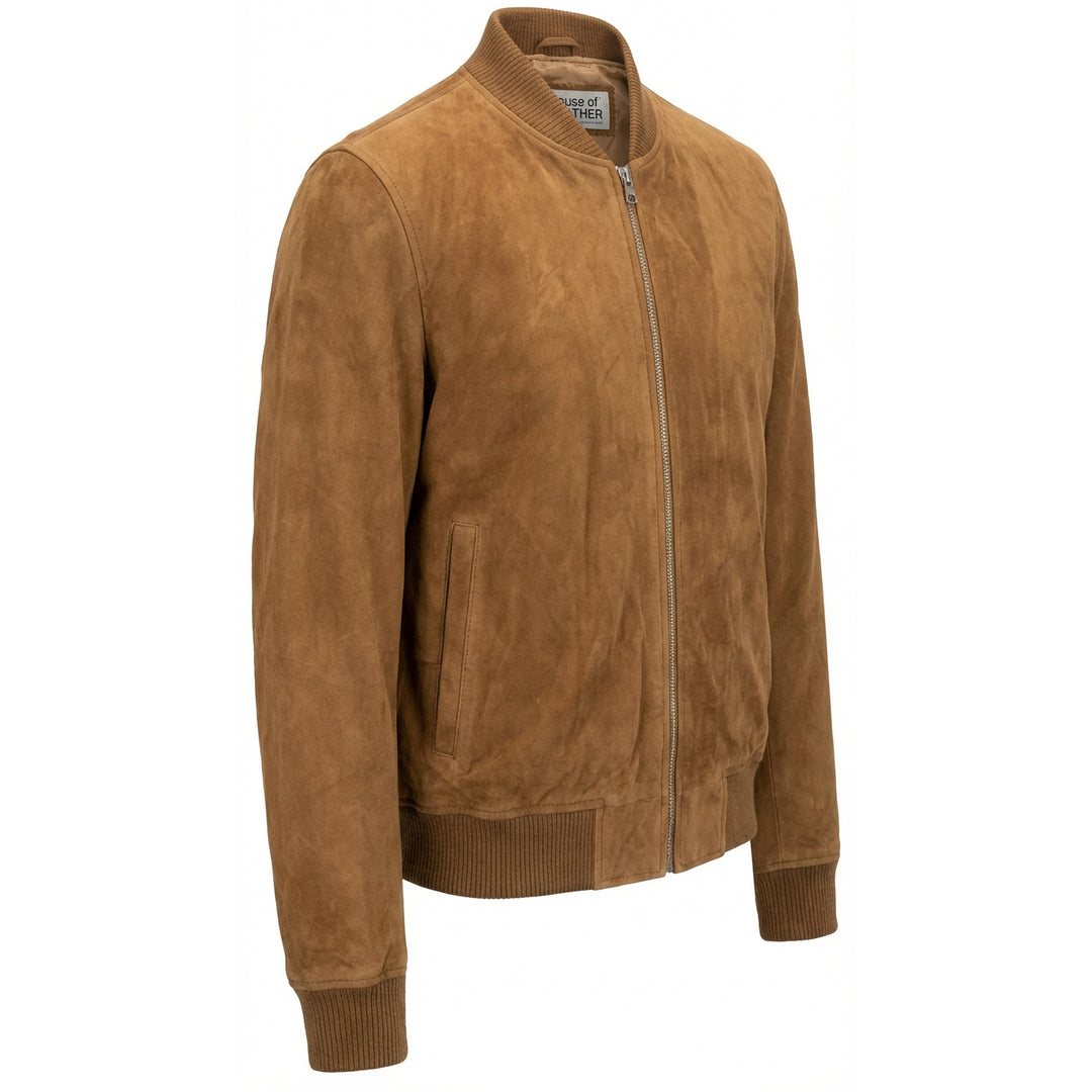 Mens Real Goat Suede Bomber Jacket MA-1 Varsity Design Ryan Cognac