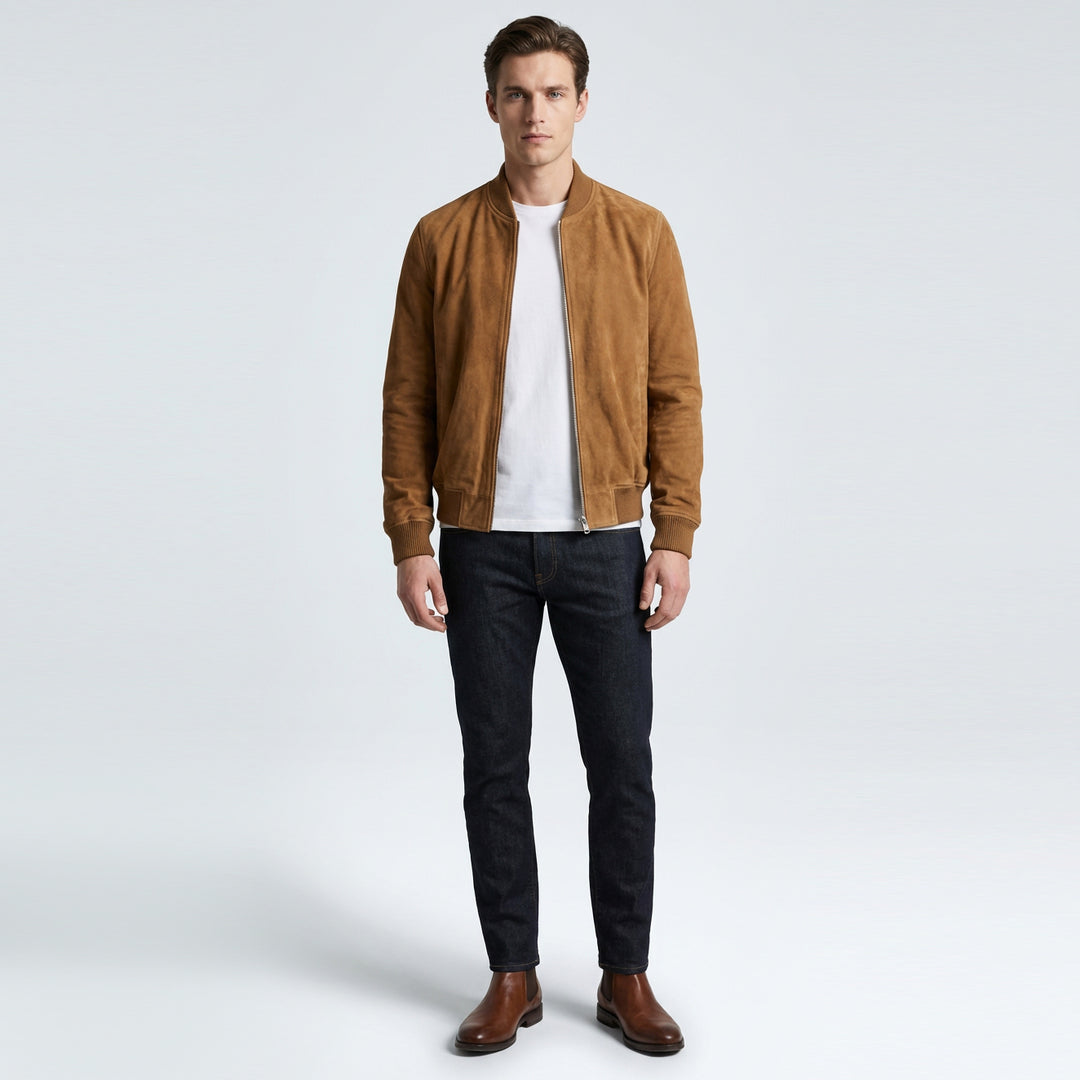 Mens Real Goat Suede Bomber Jacket MA-1 Varsity Design Ryan Cognac