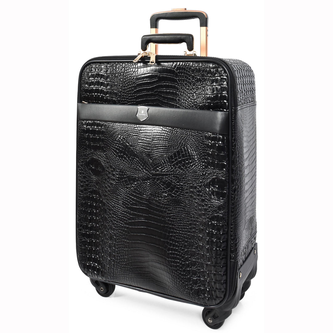 Luxury PU Leather Croc-Print Luggage Hybrid Shell Suitcases Lightweight Spinner & Stabilizer Wheels Black Elite 14