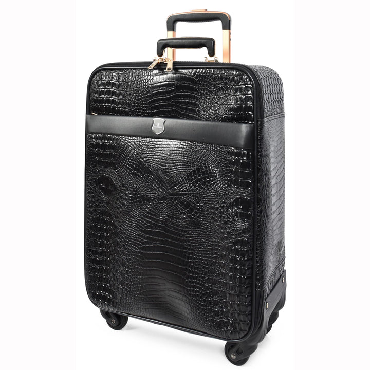 Luxury PU Leather Croc-Print Luggage Hybrid Shell Suitcases Lightweight Spinner & Stabilizer Wheels Black Elite 14