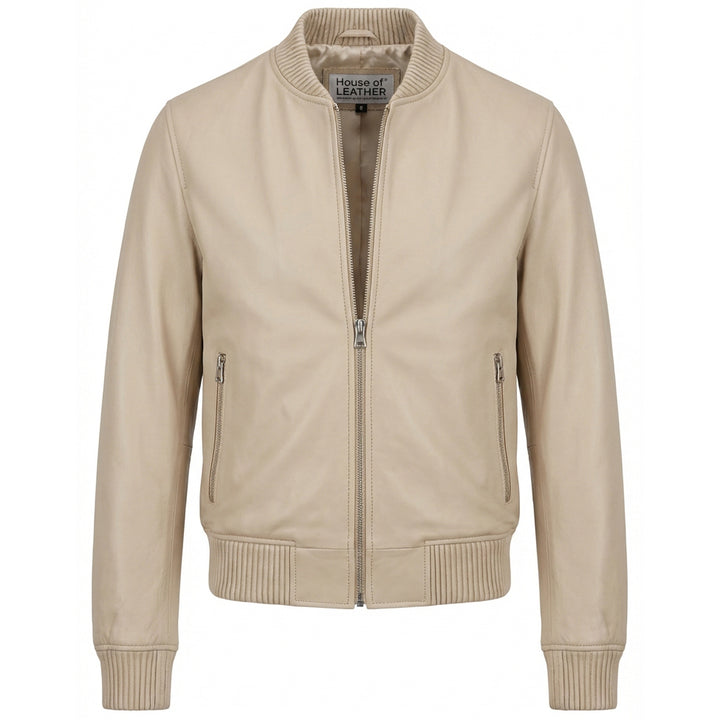 Mens Real Soft Leather Bomber Jacket MA-1 Varsity Style Torque Beige