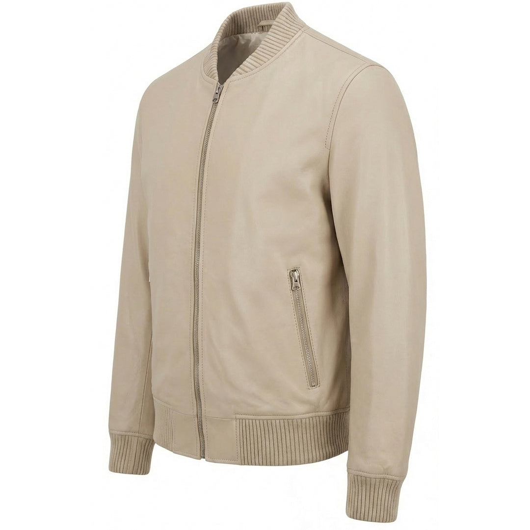 Mens Real Soft Leather Bomber Jacket MA-1 Varsity Style Torque Beige