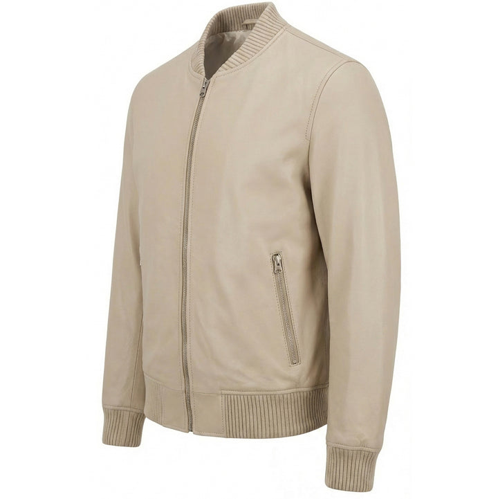 Mens Real Soft Leather Bomber Jacket MA-1 Varsity Style Torque Beige