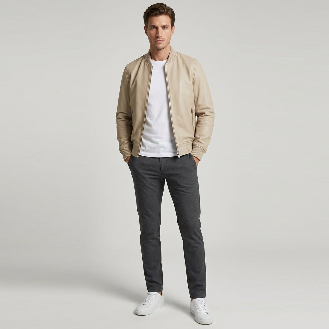 Mens Real Soft Leather Bomber Jacket MA-1 Varsity Style Torque Beige